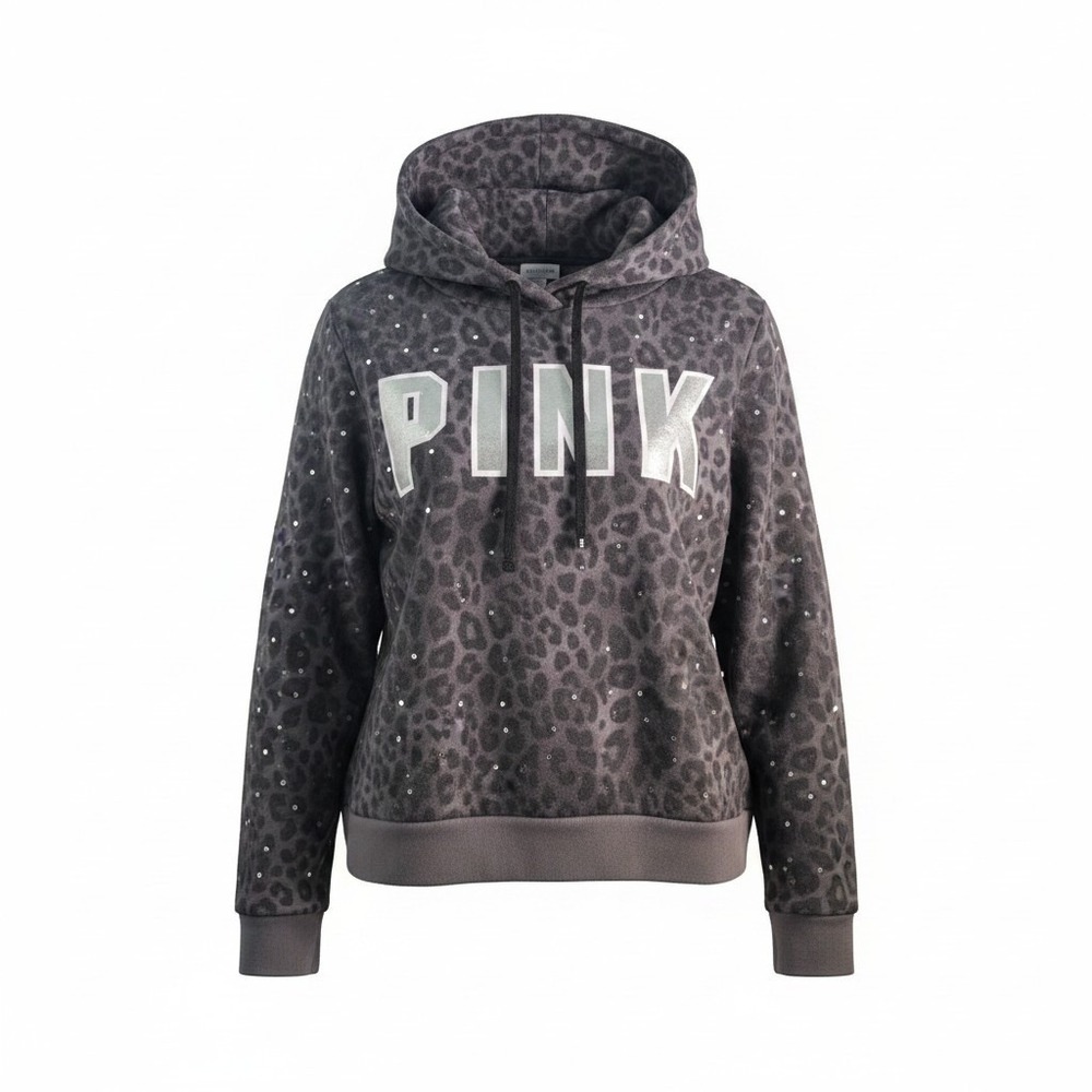 PINK Victoria's Secret Leopard Rhinestone Hoodie Gray Logo Pullover Large